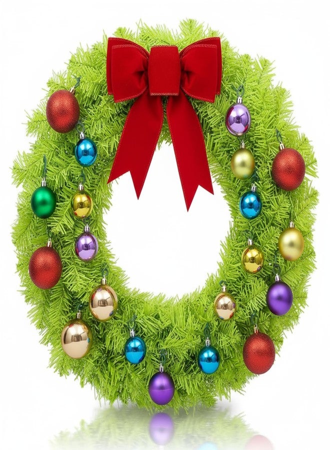 Daifunli 24 Inch Lime Green Christmas Wreath Large Red Bow and Colored Balls Ornaments Artificial Spruce Wreath for Xmas Winter Holiday Front Door Wall Windows Mantle Home Decoration - Image 1